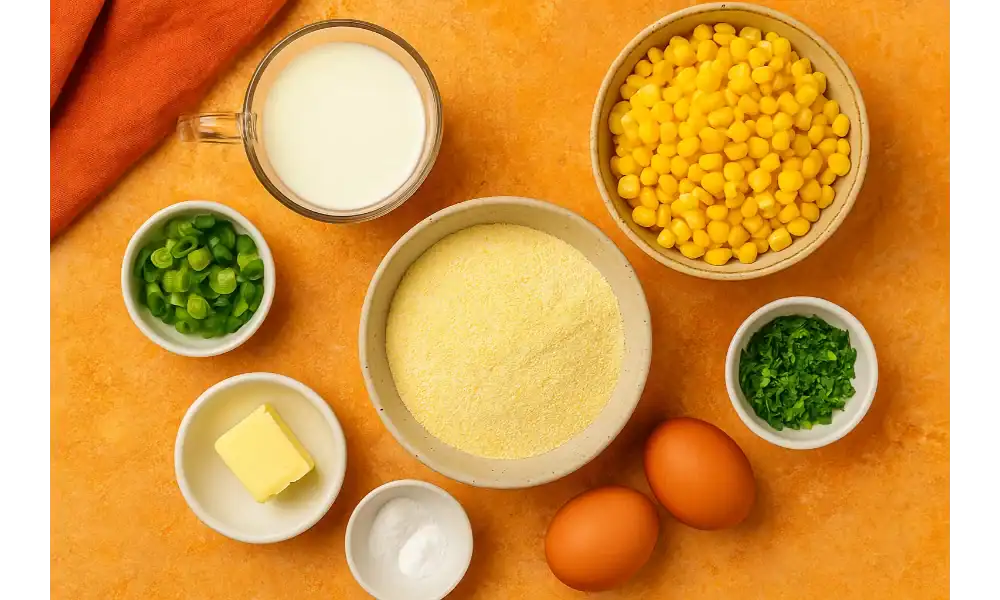 Ingredients for making corn cakes including cornmeal, corn, eggs, milk, butter, green onions, and herbs on a warm-toned background