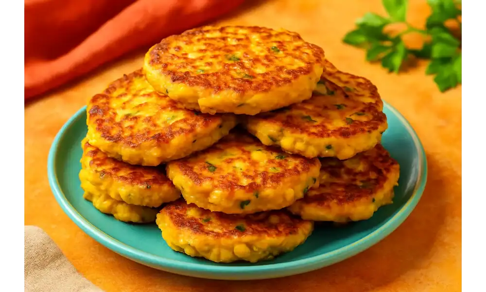 Stack of golden corn cakes on a turquoise plate with warm background tones