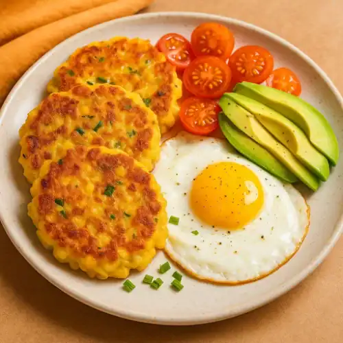 Crispy corn cakes served with fried egg, avocado slices, and cherry tomatoes on a breakfast plate