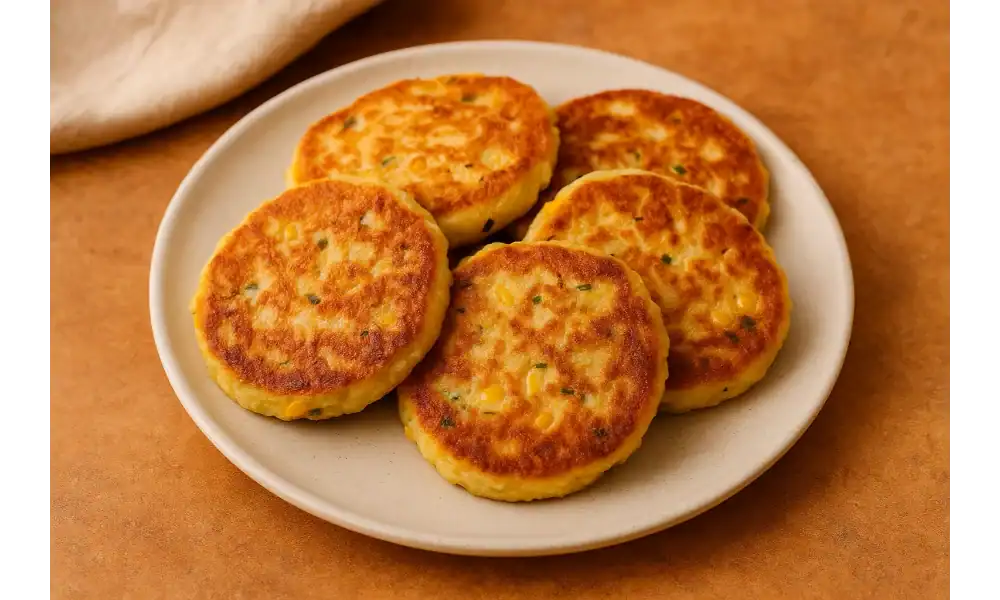 A plate of crispy homemade corn cakes with golden brown crusts, served on a warm-toned surface