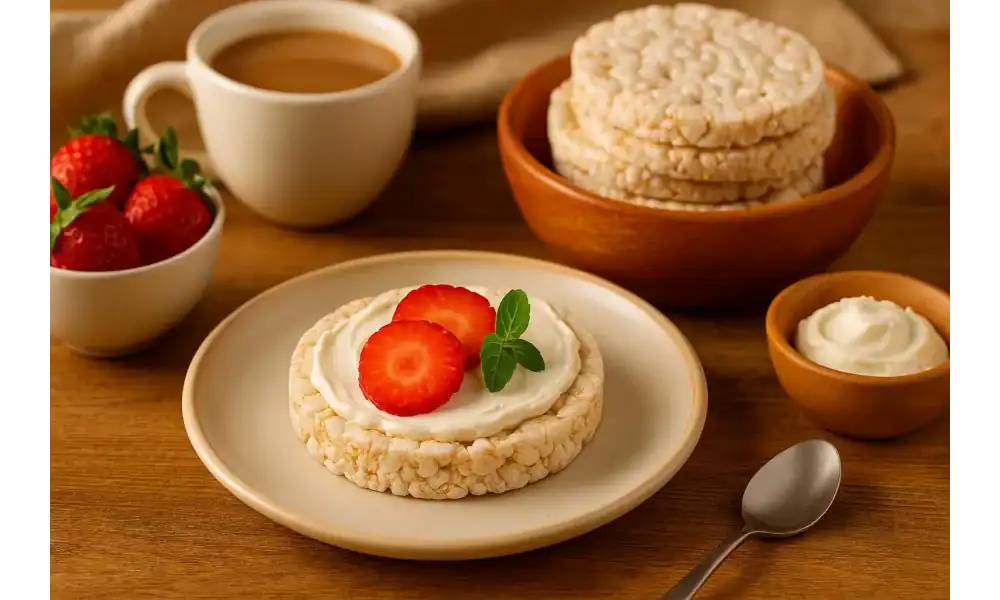 Rice cake topped with cream and strawberries served on a plate, with stacked rice cakes, coffee, and fresh strawberries in the background.