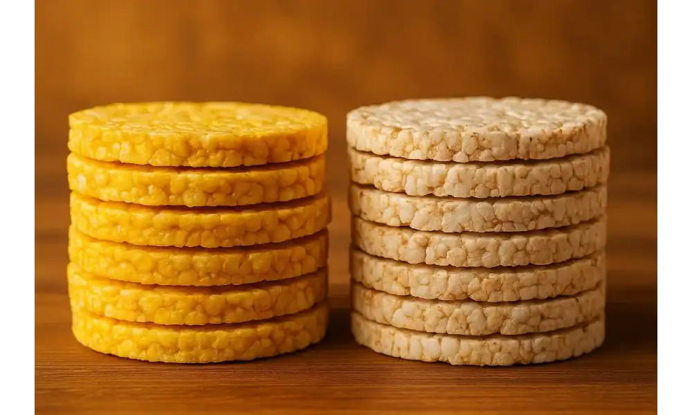 Two neat stacks of corn cakes and rice cakes side by side on a wooden surface with a warm brown background.