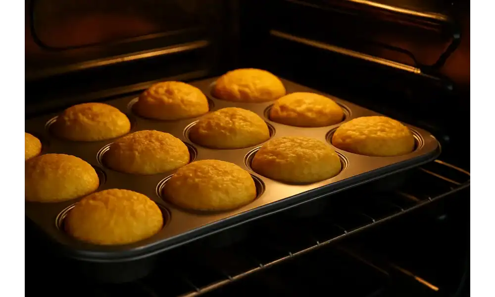 Golden corn muffins baking in a muffin tin inside an oven with warm lighting.