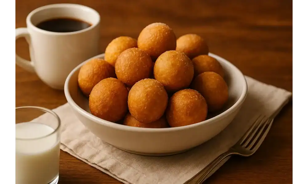 Bowl of golden donut holes served with coffee and milk for breakfast