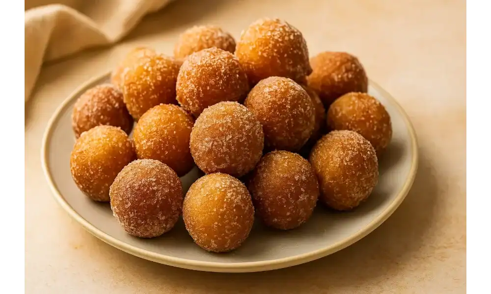 Plate of sugar-coated homemade donut holes on a neutral background