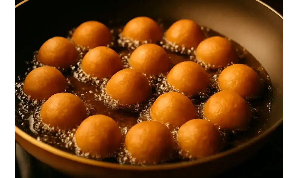 Donut holes frying in hot oil inside a non-stick pan