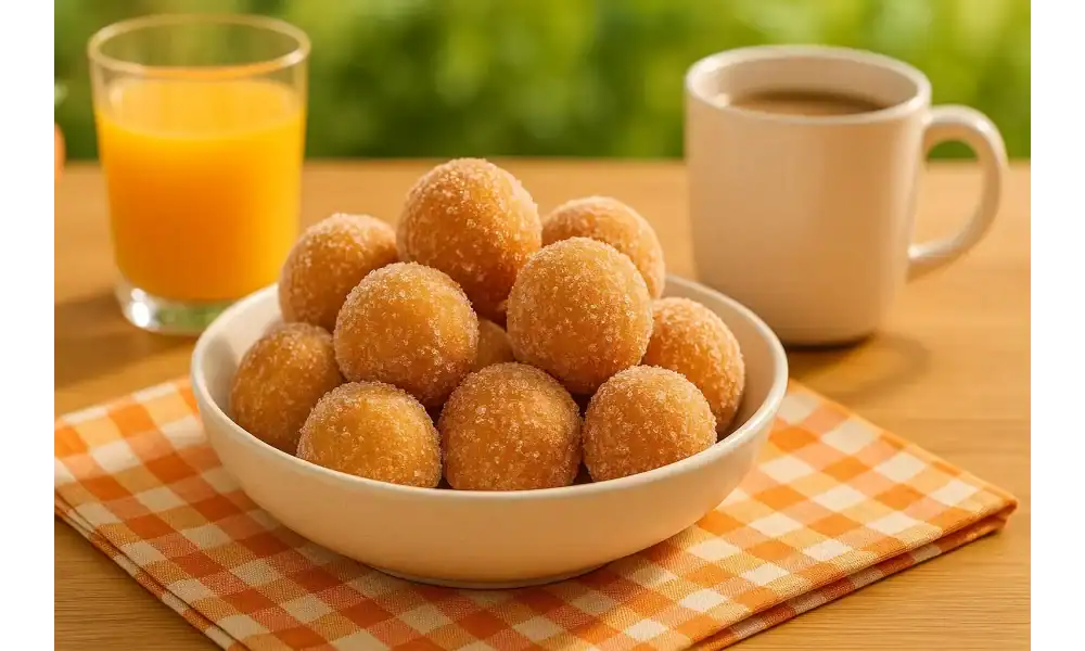 A bowl of sugar-coated 3-ingredient donut holes served with coffee and orange juice on a summer breakfast table.