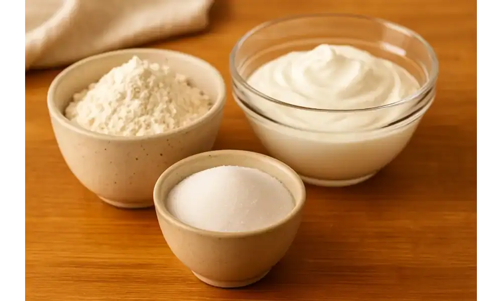 Three bowls with key ingredients for 3-ingredient donut holes: flour, sugar, and Greek yogurt on a wooden surface.