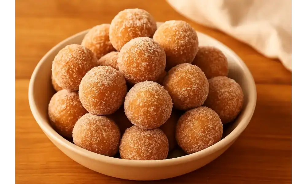 A beige bowl filled with golden-brown sugar-coated 3-ingredient donut holes on a wooden table.