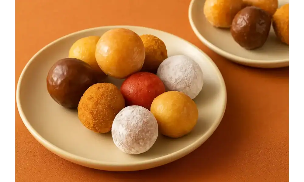 Plates of assorted Dunkin’ donut holes in various flavors, served on a warm-toned surface.