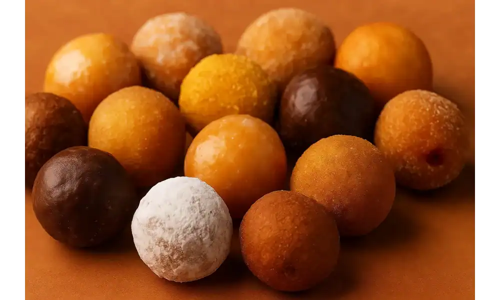 A variety of Dunkin’ donut holes arranged on a warm-toned surface, including glazed, powdered, chocolate, and cinnamon flavors.