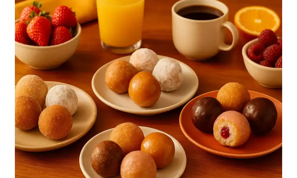 A brunch-style table setup with assorted Dunkin’ donut holes, fresh fruit, orange juice, and coffee on a wooden surface.