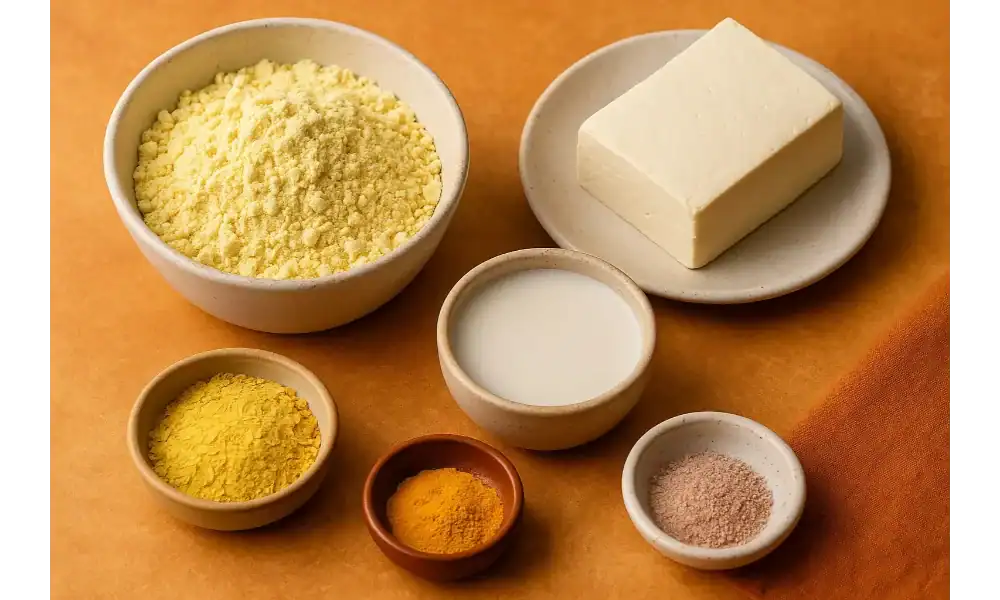 Ingredients for a vegan omelette including chickpea flour, tofu, plant-based milk, nutritional yeast, turmeric, and kala namak on a warm-toned surface.