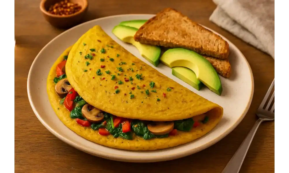 Vegan omelette filled with spinach, mushrooms, and red bell peppers, served with avocado slices and whole wheat toast on a ceramic plate.