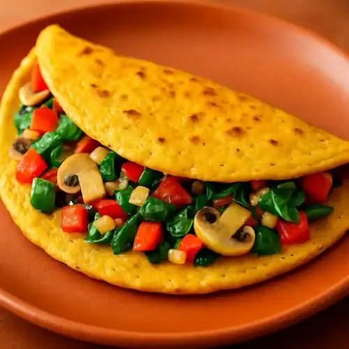 Close-up of a golden vegan omelette filled with spinach, red bell peppers, mushrooms, and onions on a terracotta plate.