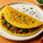 Golden vegan omelette filled with sautéed vegetables, garnished with fresh parsley on a white plate.