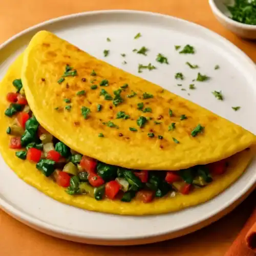Golden vegan omelette filled with sautéed vegetables, garnished with fresh parsley on a white plate.