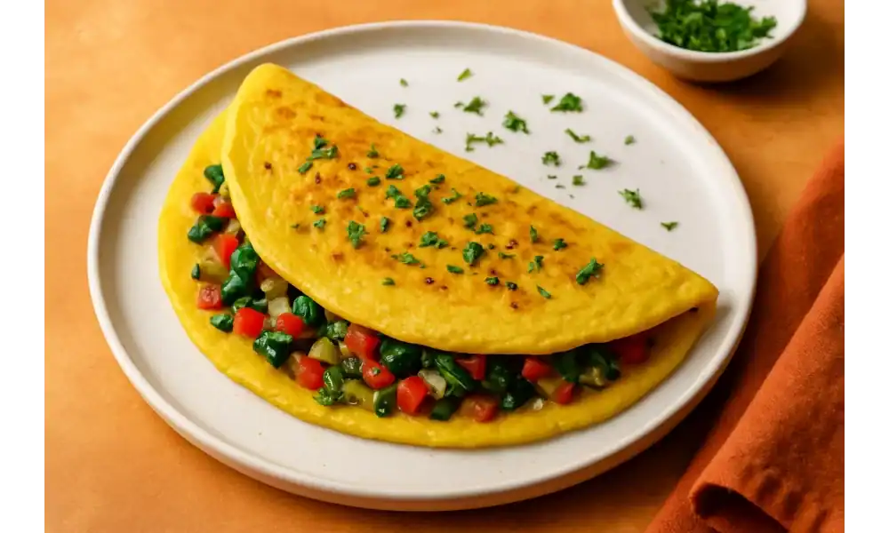 Golden vegan omelette filled with sautéed vegetables, garnished with fresh parsley on a white plate.