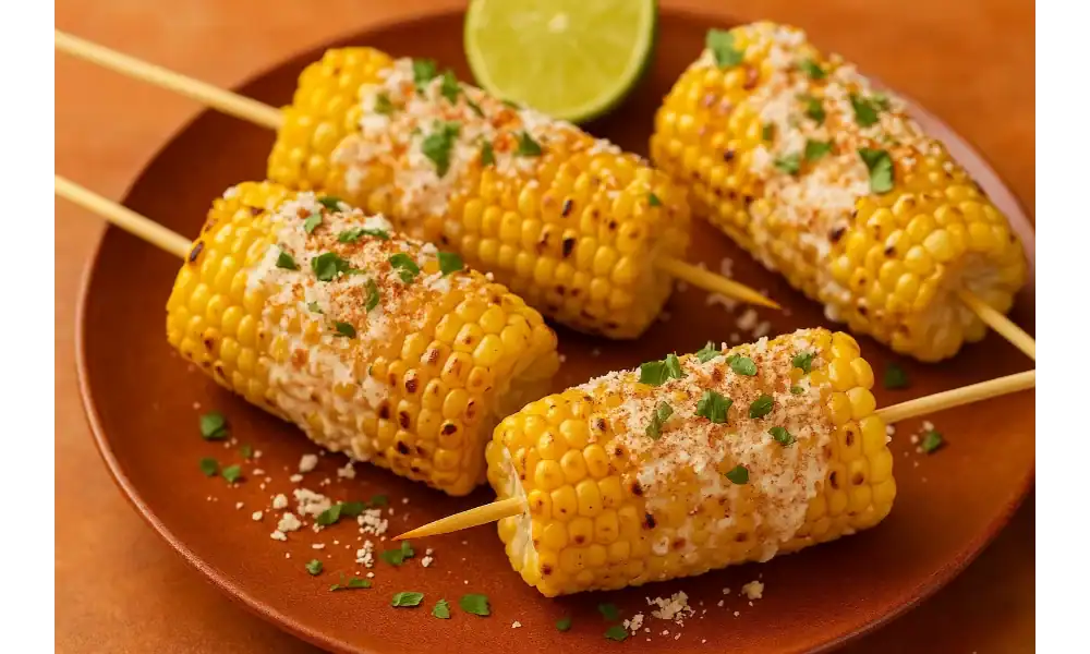 Close-up of grilled Mexican street corn (elote) topped with cotija cheese, chili powder, and chopped cilantro on a brown plate.
