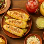 Mexican street corn (elote) served with lime wedges, tacos, tortilla chips, and agua fresca on a wooden table.