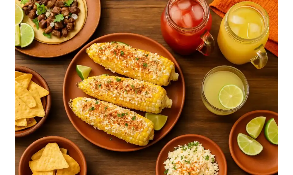 Mexican street corn (elote) served with lime wedges, tacos, tortilla chips, and agua fresca on a wooden table.