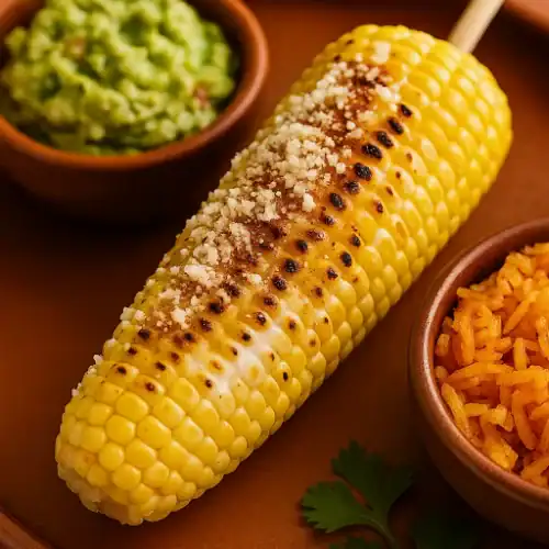 Close-up of Mexican street corn (elote) topped with cheese and chili powder, served with guacamole and Mexican rice.