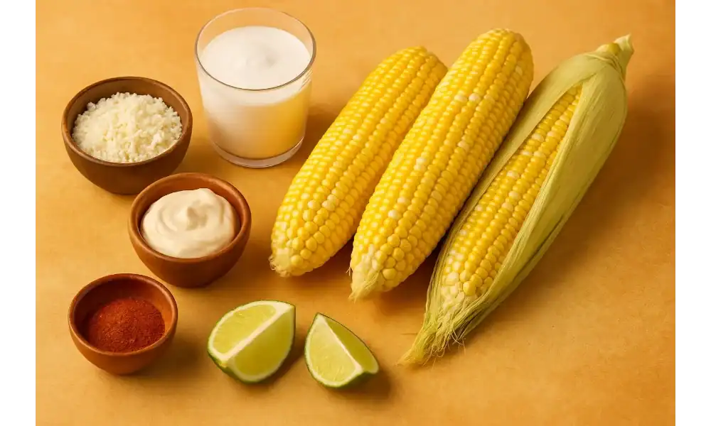 Ingredients for Mexican street corn (elote) including fresh corn, crema, mayonnaise, cotija cheese, chili powder, and lime.