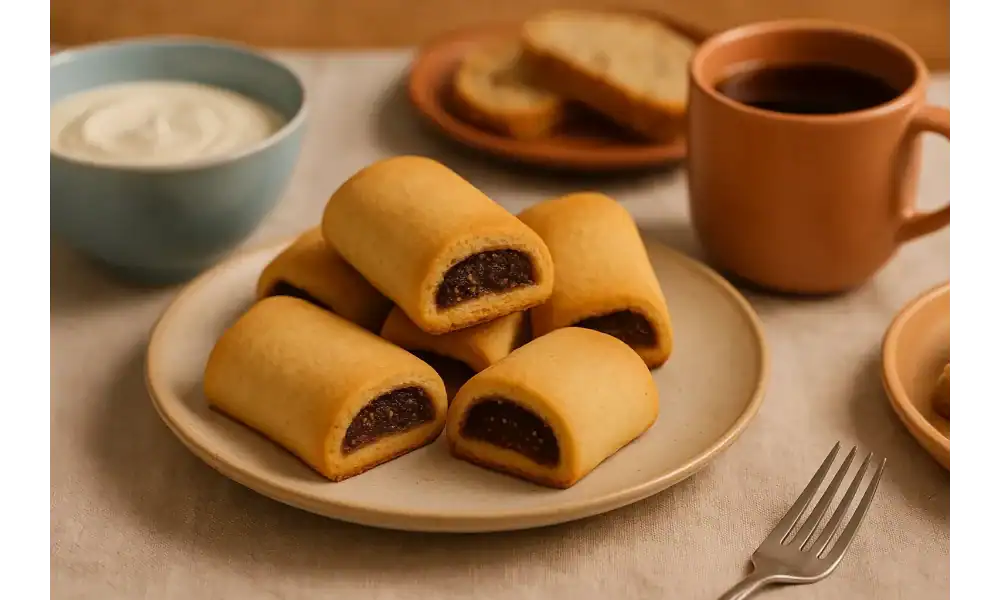 Fig rolls served on a breakfast table with yogurt, toast, and a warm cup of tea.