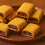 Golden fig rolls stacked on a rustic brown plate, showing their soft pastry and rich fig filling.