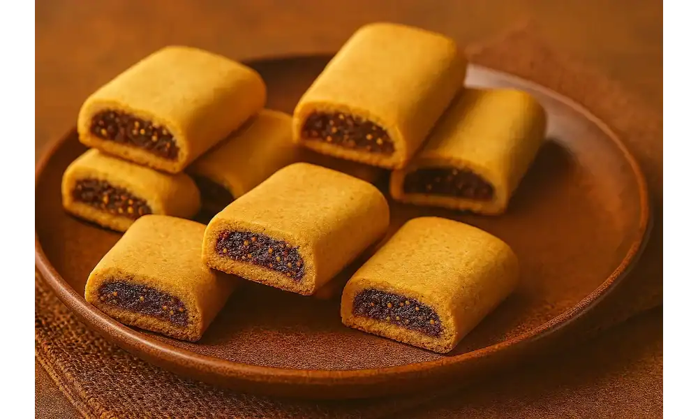 Golden fig rolls stacked on a rustic brown plate, showing their soft pastry and rich fig filling.