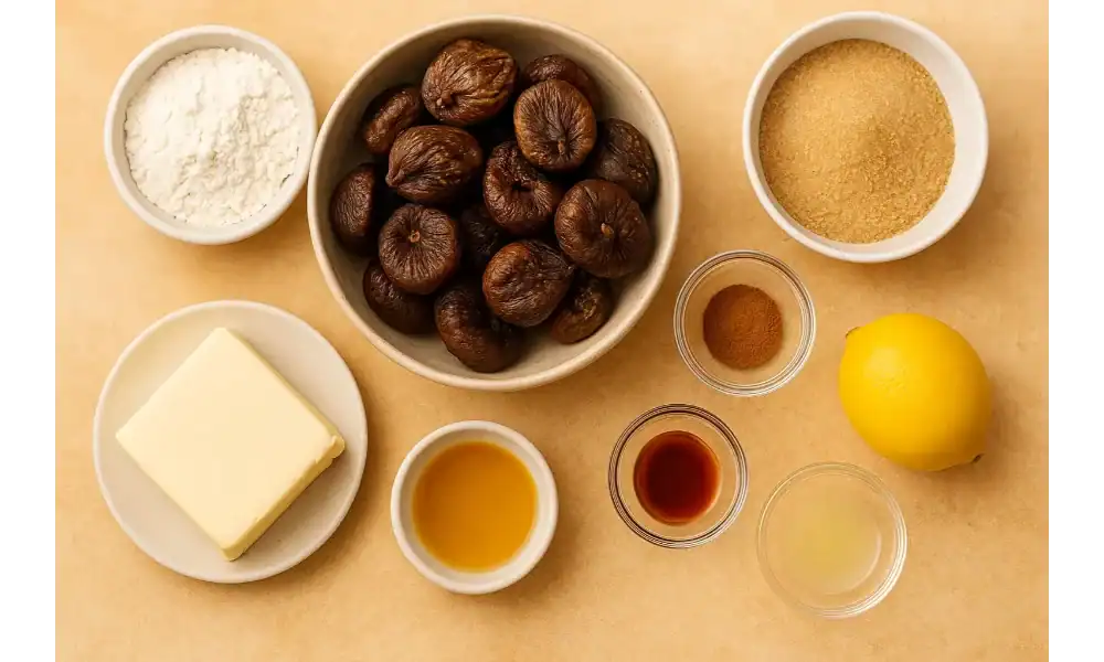 Flat lay of fig roll ingredients including dried figs, flour, butter, sugar, lemon, and spices on a warm-toned surface.