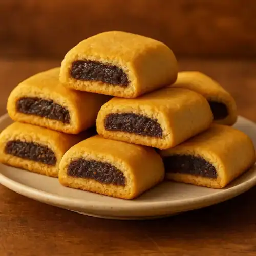 Stack of golden fig rolls on a ceramic plate, showing their rich, dark fig filling.