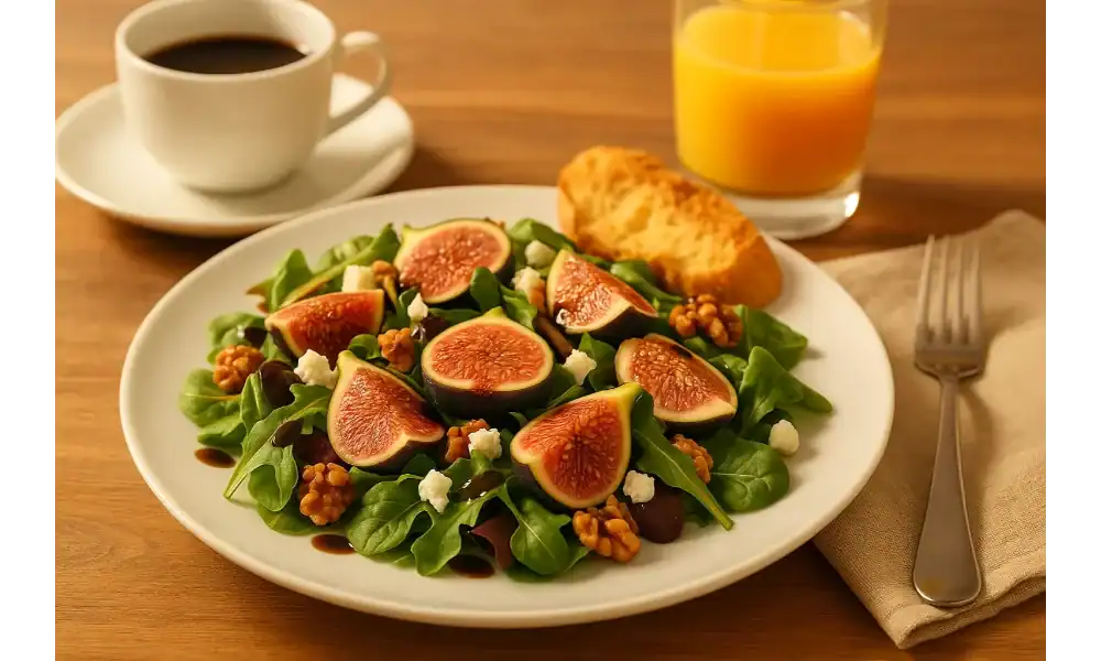 Fresh fig salad with leafy greens, goat cheese, walnuts, and balsamic glaze served with orange juice and coffee on a wooden table
