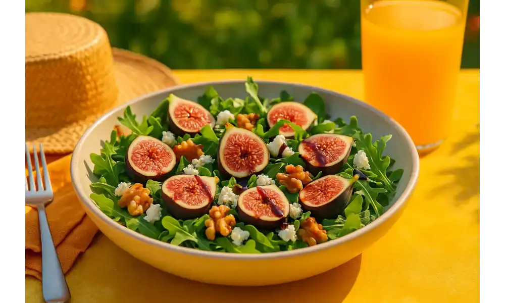 Fresh fig salad with arugula, goat cheese, and walnuts served outdoors with orange juice on a sunny summer table