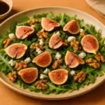 Fig salad with arugula, goat cheese, walnuts, and balsamic glaze on a ceramic plate with a small bowl of dressing