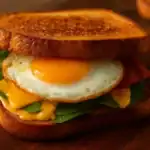 Close-up of a perfectly made fried egg sandwich with spinach, melted cheese, and golden toasted bread