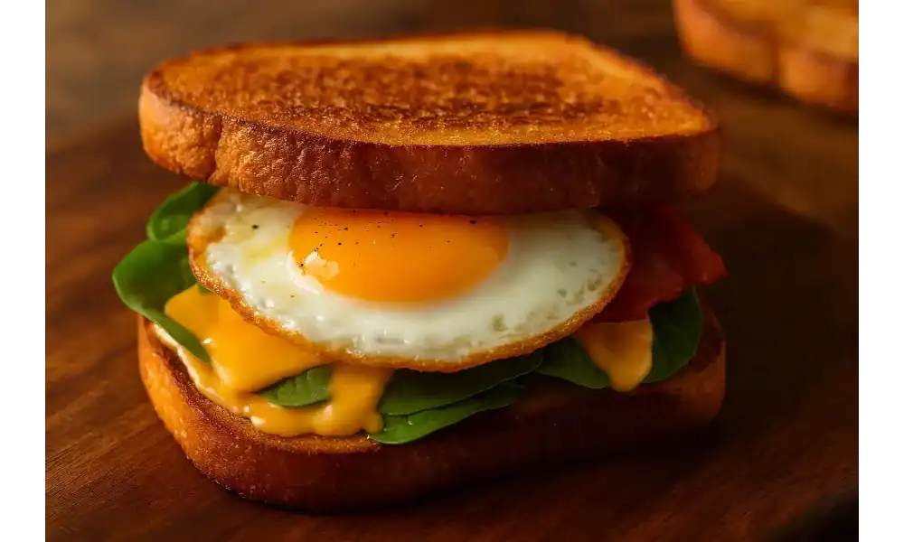 Close-up of a perfectly made fried egg sandwich with spinach, melted cheese, and golden toasted bread