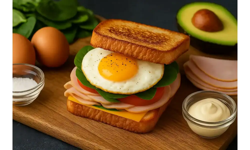 Fried egg sandwich with turkey ham, cheese, tomato, spinach, and toasted bread on a wooden board