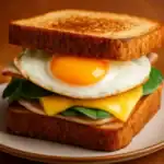 Close-up of a fried egg sandwich with turkey ham, cheddar cheese, spinach, and toasted bread