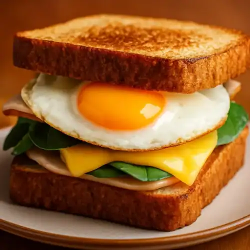 Close-up of a fried egg sandwich with turkey ham, cheddar cheese, spinach, and toasted bread