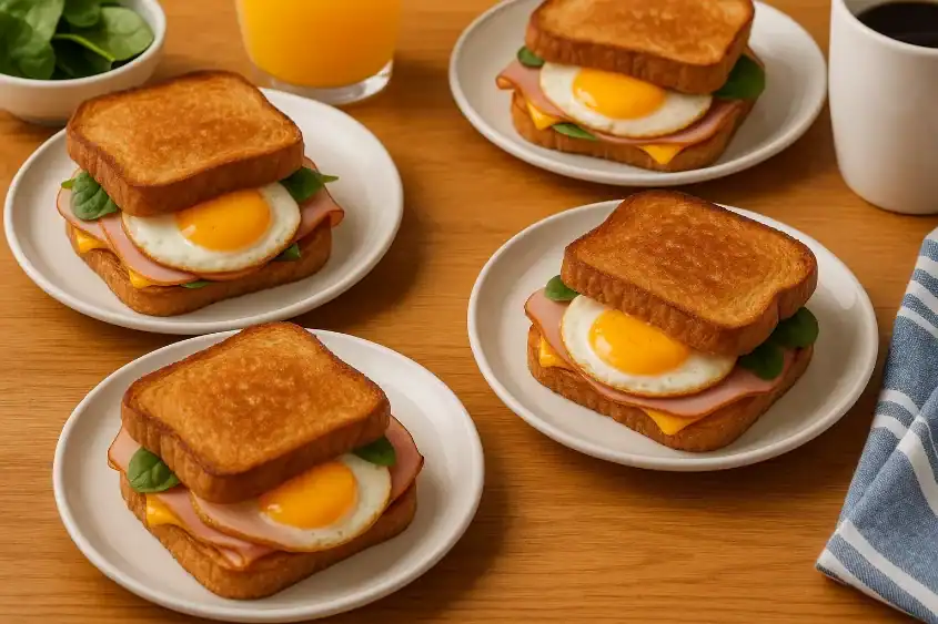 Four fried egg sandwiches with turkey ham, cheese, and spinach served on plates in a breakfast setting
