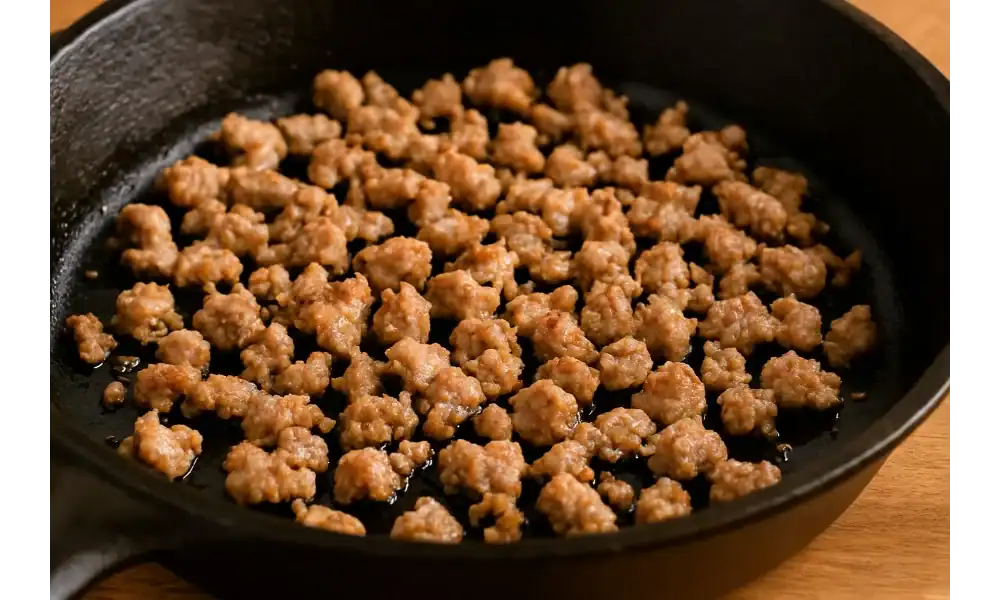 Ground sausage browning in a cast iron skillet for homemade sausage gravy