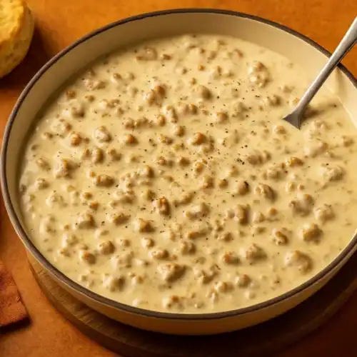 Creamy homemade sausage gravy in a skillet with black pepper and biscuit on the side