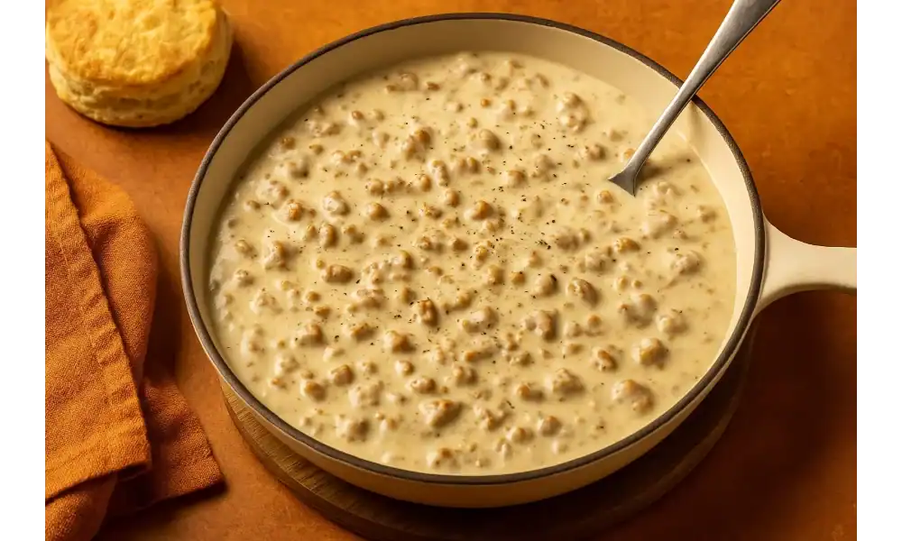 Creamy homemade sausage gravy in a skillet with black pepper and biscuit on the side