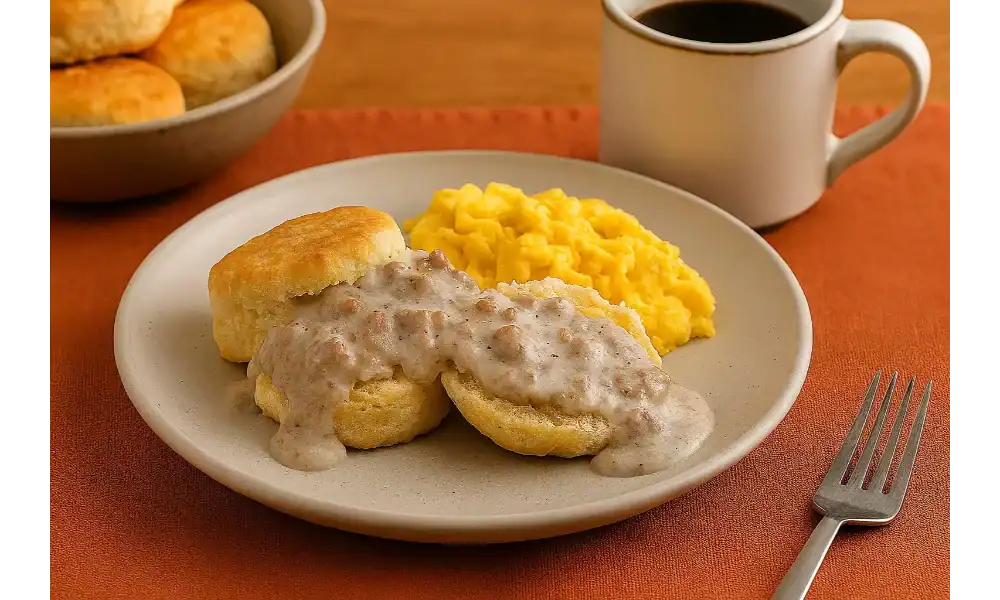 Biscuits with sausage gravy, scrambled eggs, and coffee served on a breakfast plate