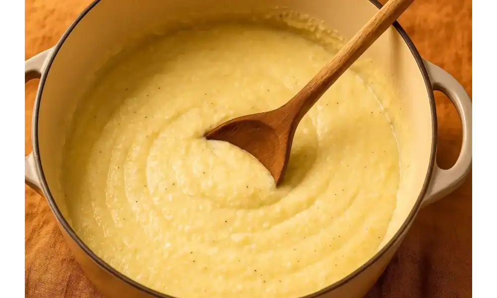 Creamy potato grits being stirred in a pot with a wooden spoon