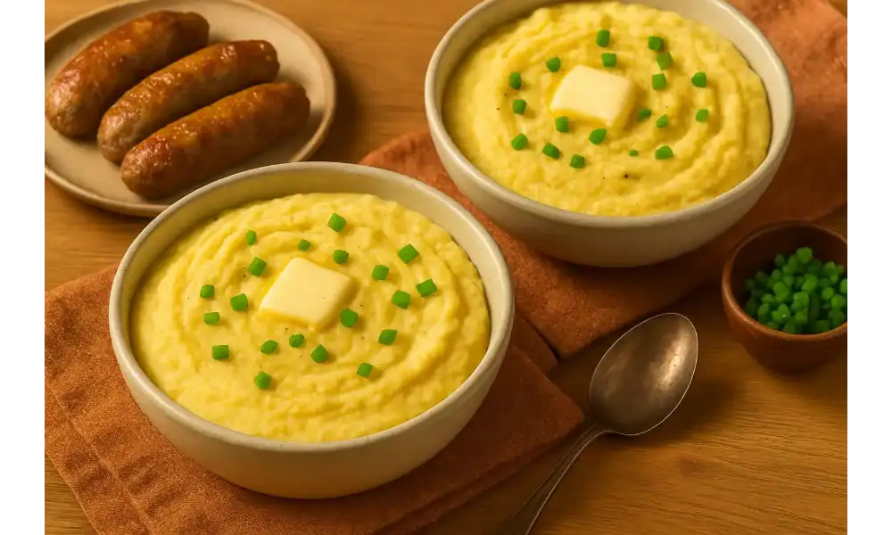 Two bowls of creamy potato grits topped with butter and green onions, served with sausages