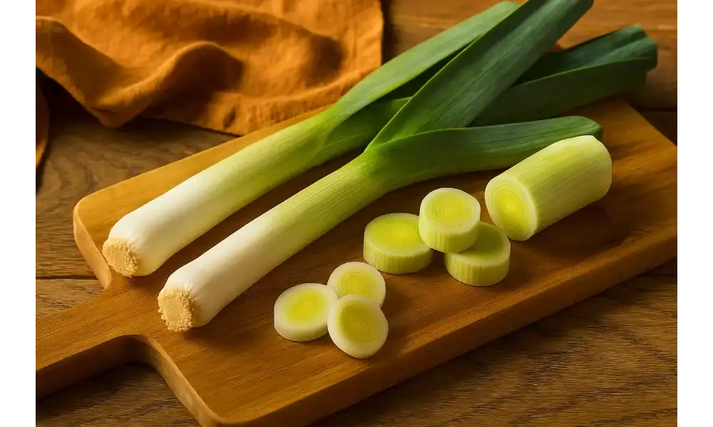 Fresh whole and sliced leeks on a wooden cutting board with a warm kitchen background. It is redy to be used to make one of Easy and Delicious Leek Recipes!