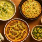 A variety of Easy and Delicious Leek Recipes including soup, quiche, frittata, and salads on a wooden table