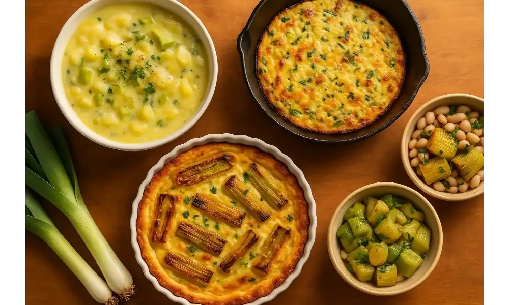 A variety of Easy and Delicious Leek Recipes including soup, quiche, frittata, and salads on a wooden table